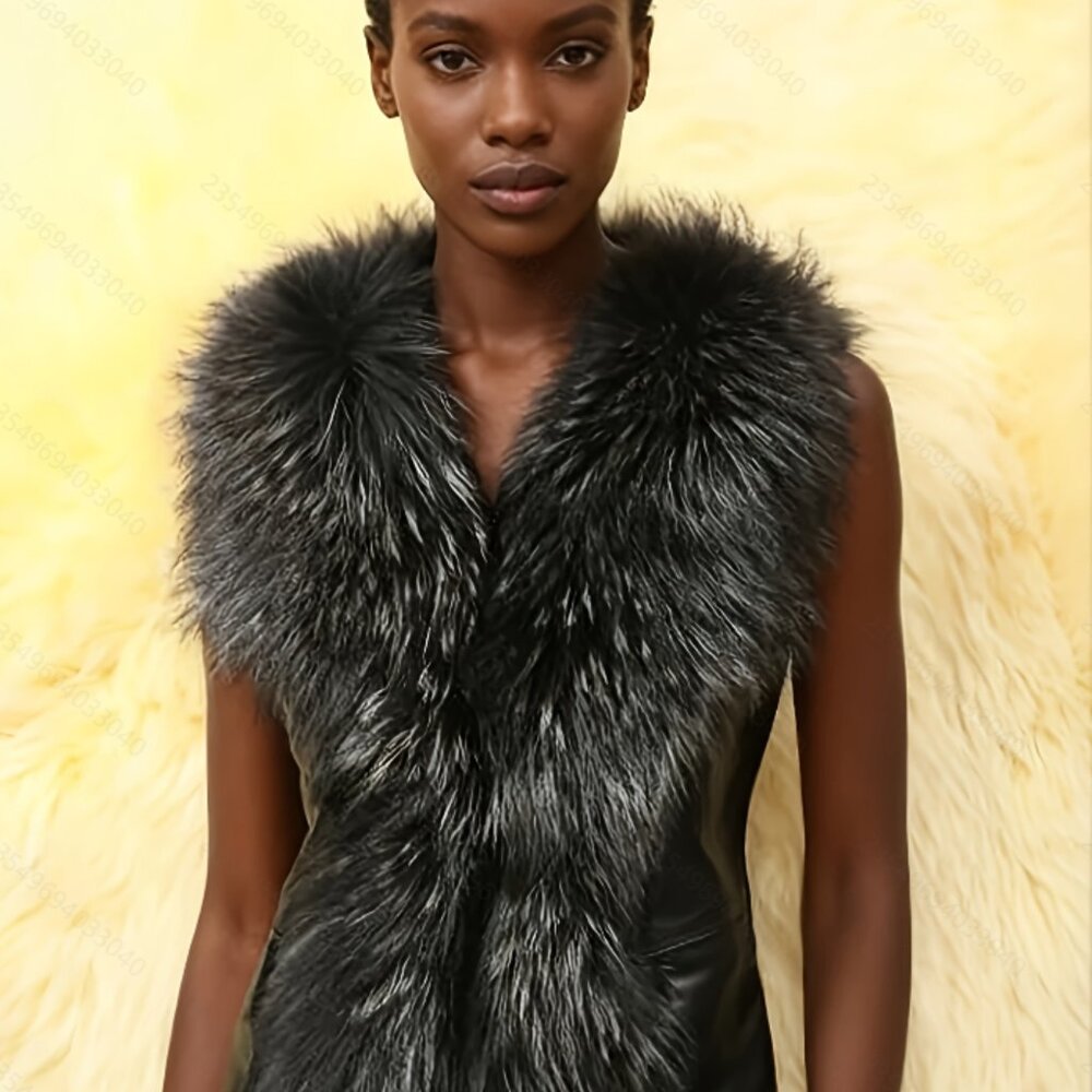 Black Faux Leather Gilet Vest w/ Faux Raccoon-Style Fur Collar  Sleeveless V-New